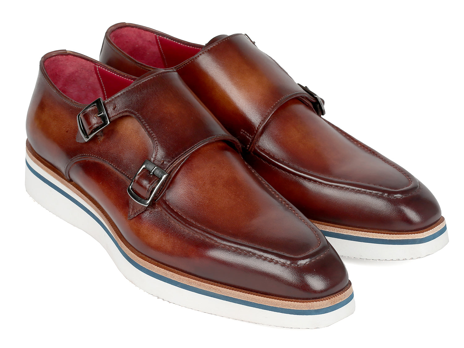 Paul Parkman Men's Smart Casual Monkstrap Shoes in brown leather with double monk-strap design and cream white rubber sole.