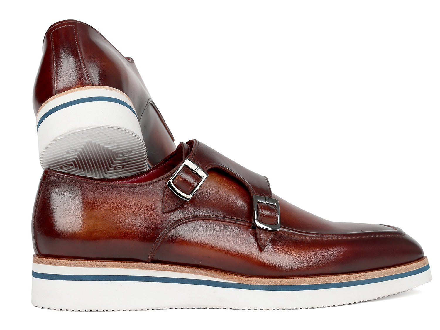 Paul Parkman Men's Smart Casual Monkstrap Shoes in brown leather with double monk-strap design and cream white rubber sole.