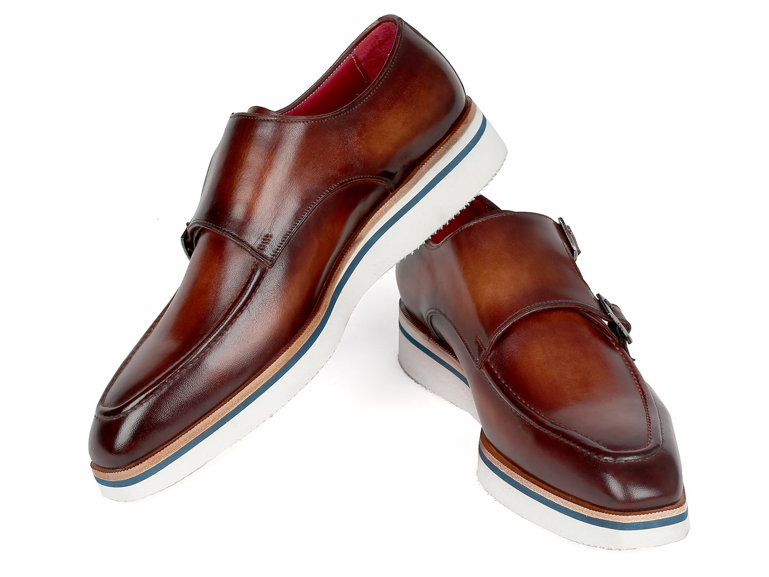 Paul Parkman Men's Smart Casual Monkstrap Shoes in brown leather with double monk-strap design and cream white rubber sole.