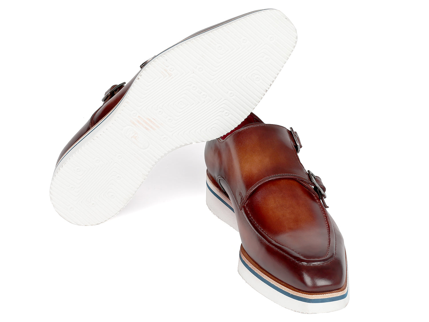 Paul Parkman Men's Smart Casual Monkstrap Shoes in brown leather with double monk-strap design and cream white rubber sole.