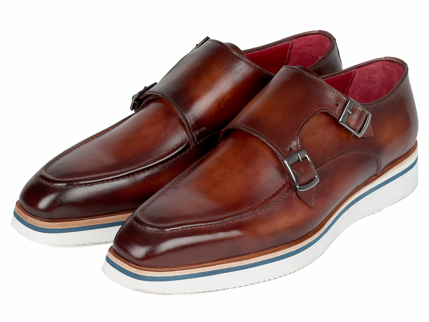 Paul Parkman Men's Smart Casual Monkstrap Shoes in brown leather with double monk-strap design and cream white rubber sole.