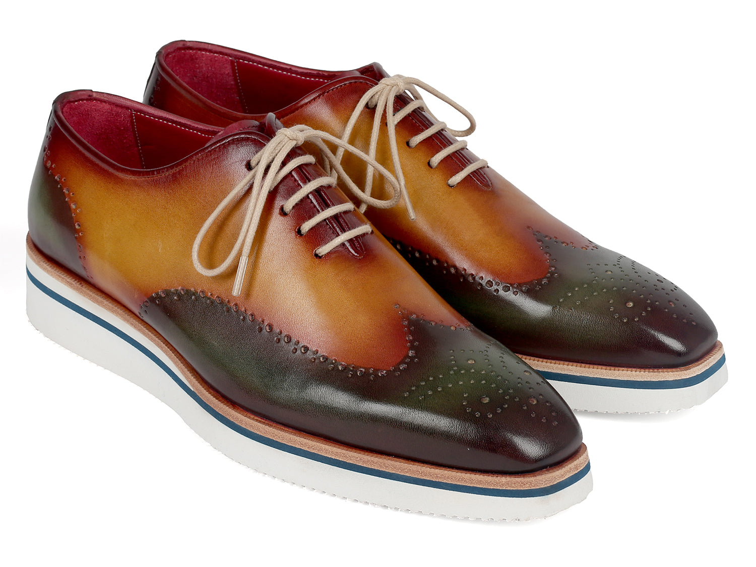 Paul Parkman Men's Smart Casual Wingtip Oxfords in Green and Camel with perforated detailing and cream white rubber sole.