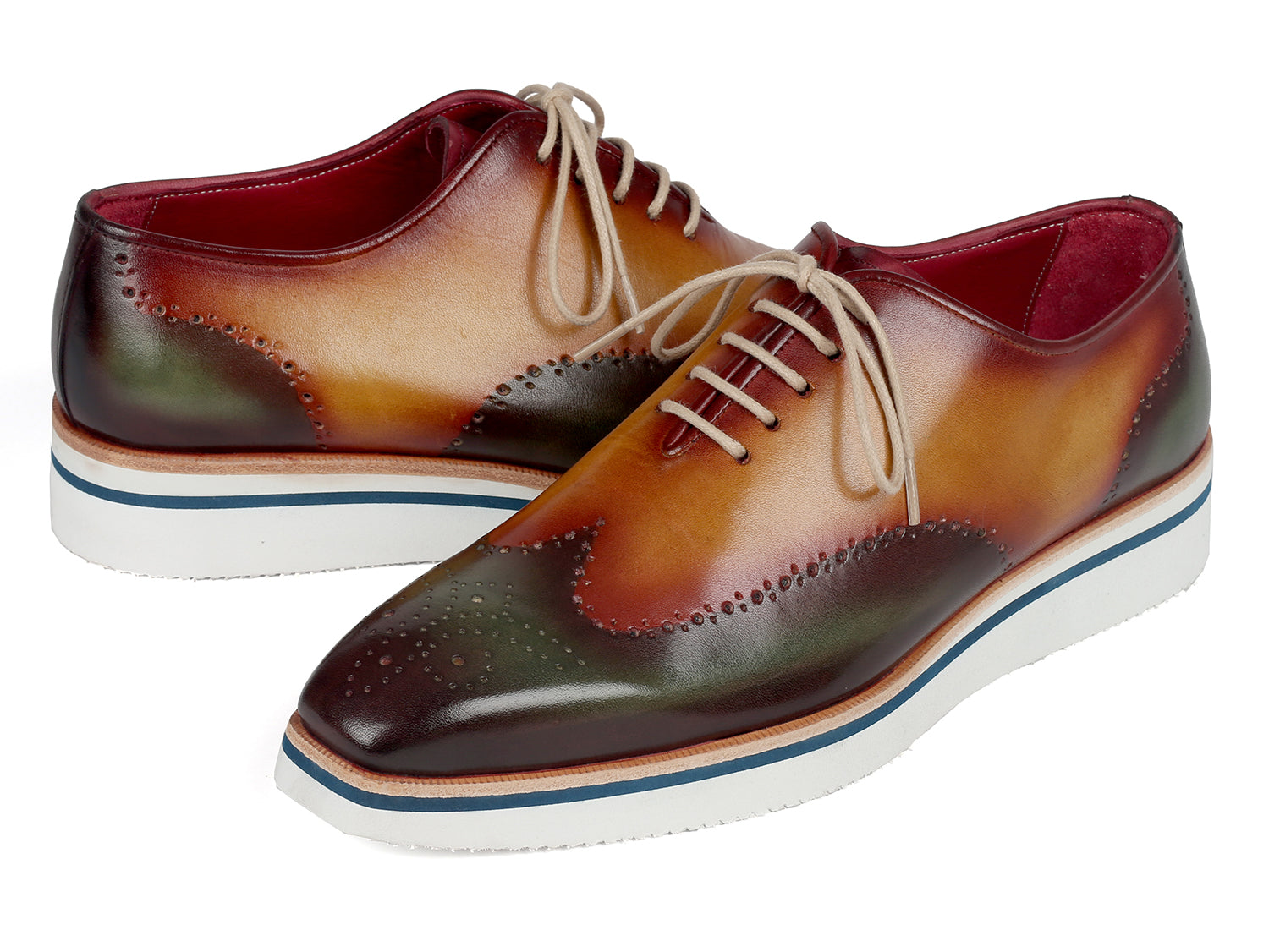 Paul Parkman Men's Smart Casual Wingtip Oxfords in Green and Camel with perforated detailing and cream white rubber sole.