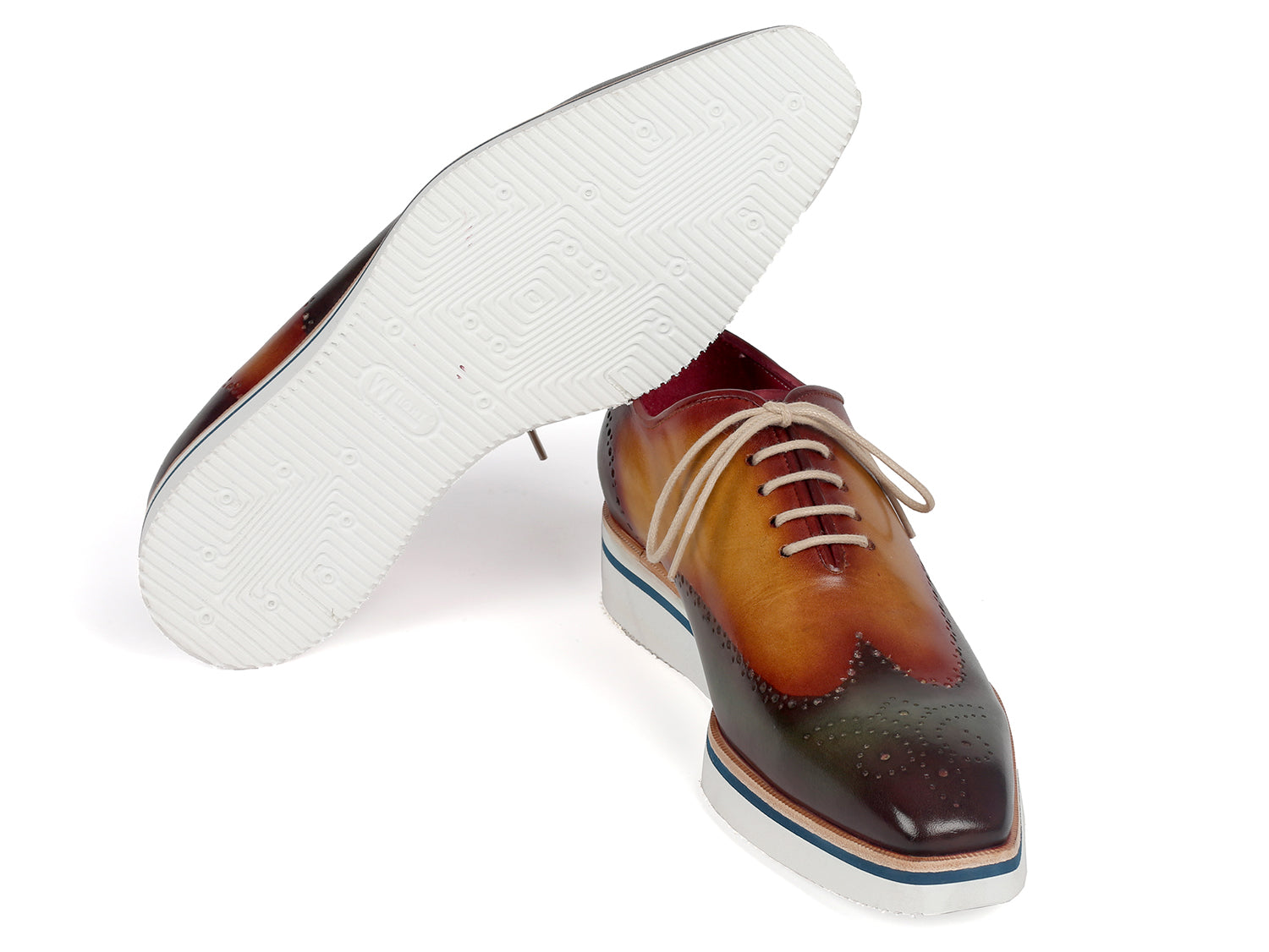 Paul Parkman Men's Smart Casual Wingtip Oxfords in Green and Camel with perforated detailing and cream white rubber sole.