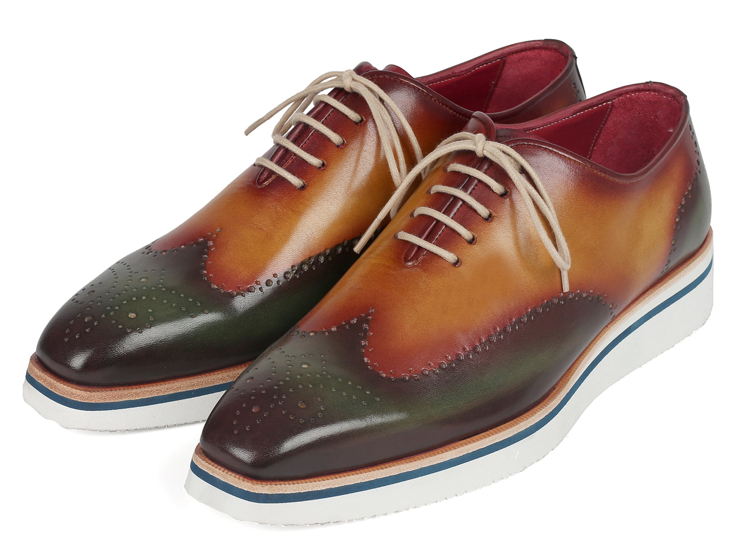 Paul Parkman Men's Smart Casual Wingtip Oxfords in Green and Camel with perforated detailing and cream white rubber sole.