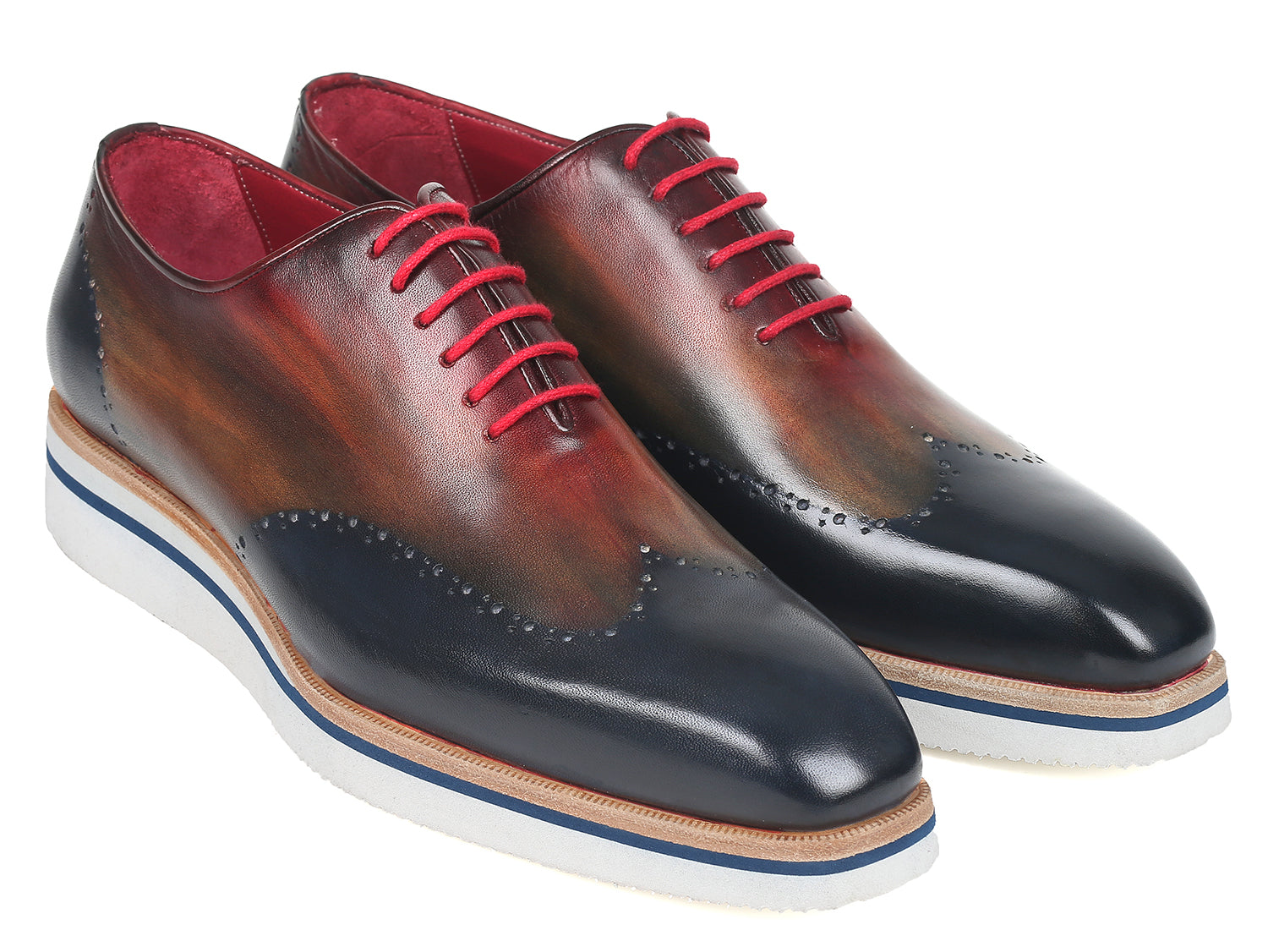 Paul Parkman Men's Smart Casual Wingtip Oxfords featuring a unique multi-color hand-painted upper and cream white rubber sole.