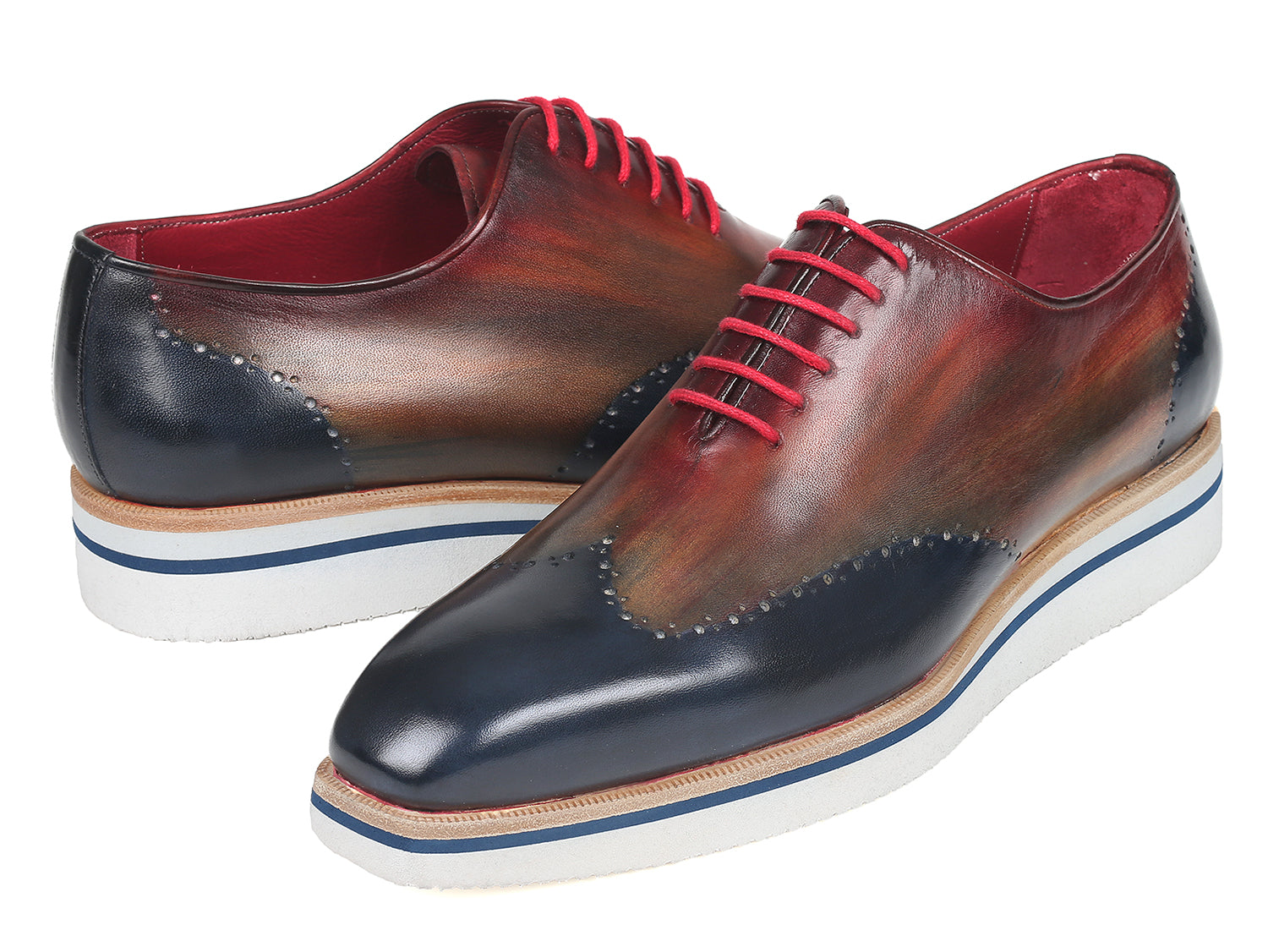 Paul Parkman Men's Smart Casual Wingtip Oxfords featuring a unique multi-color hand-painted upper and cream white rubber sole.