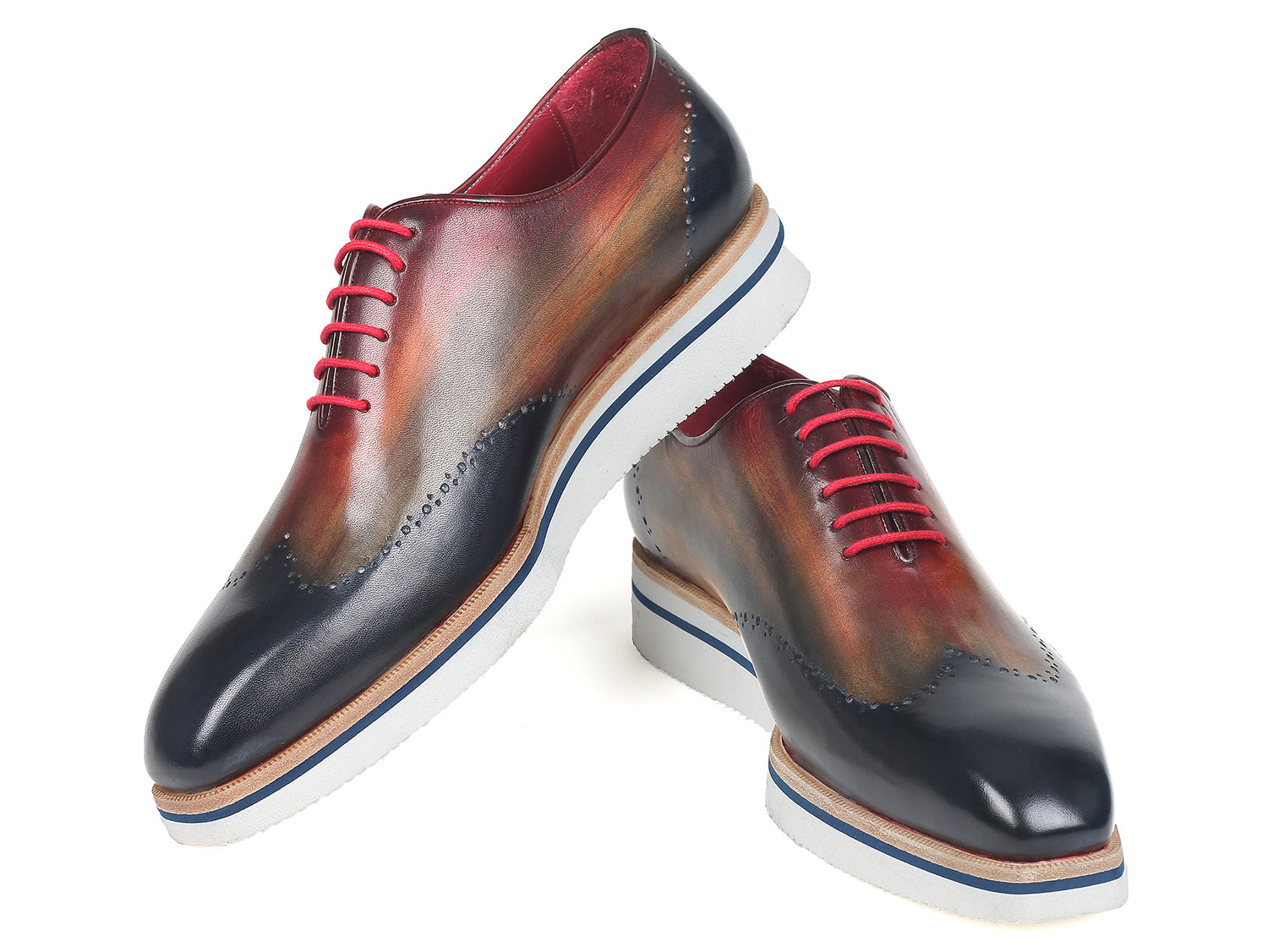 Paul Parkman Men's Smart Casual Wingtip Oxfords featuring a unique multi-color hand-painted upper and cream white rubber sole.