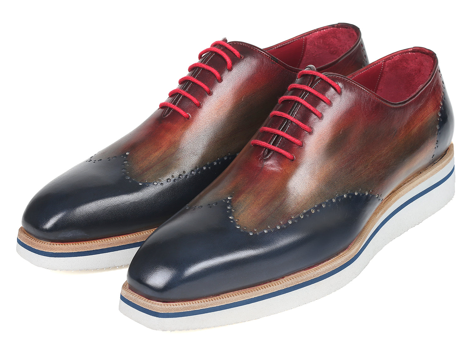 Paul Parkman Men's Smart Casual Wingtip Oxfords featuring a unique multi-color hand-painted upper and cream white rubber sole.