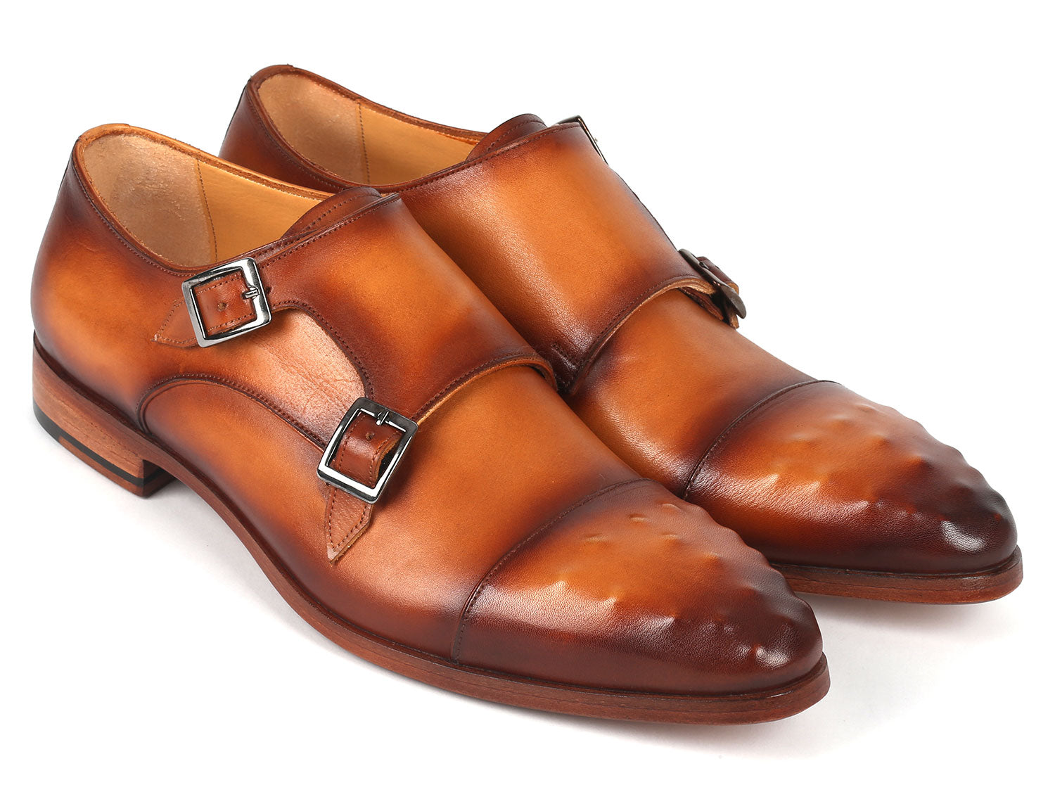 Paul Parkman Men's Studded Cap Toe Monkstraps in light brown, showcasing hand-painted leather and studded design.