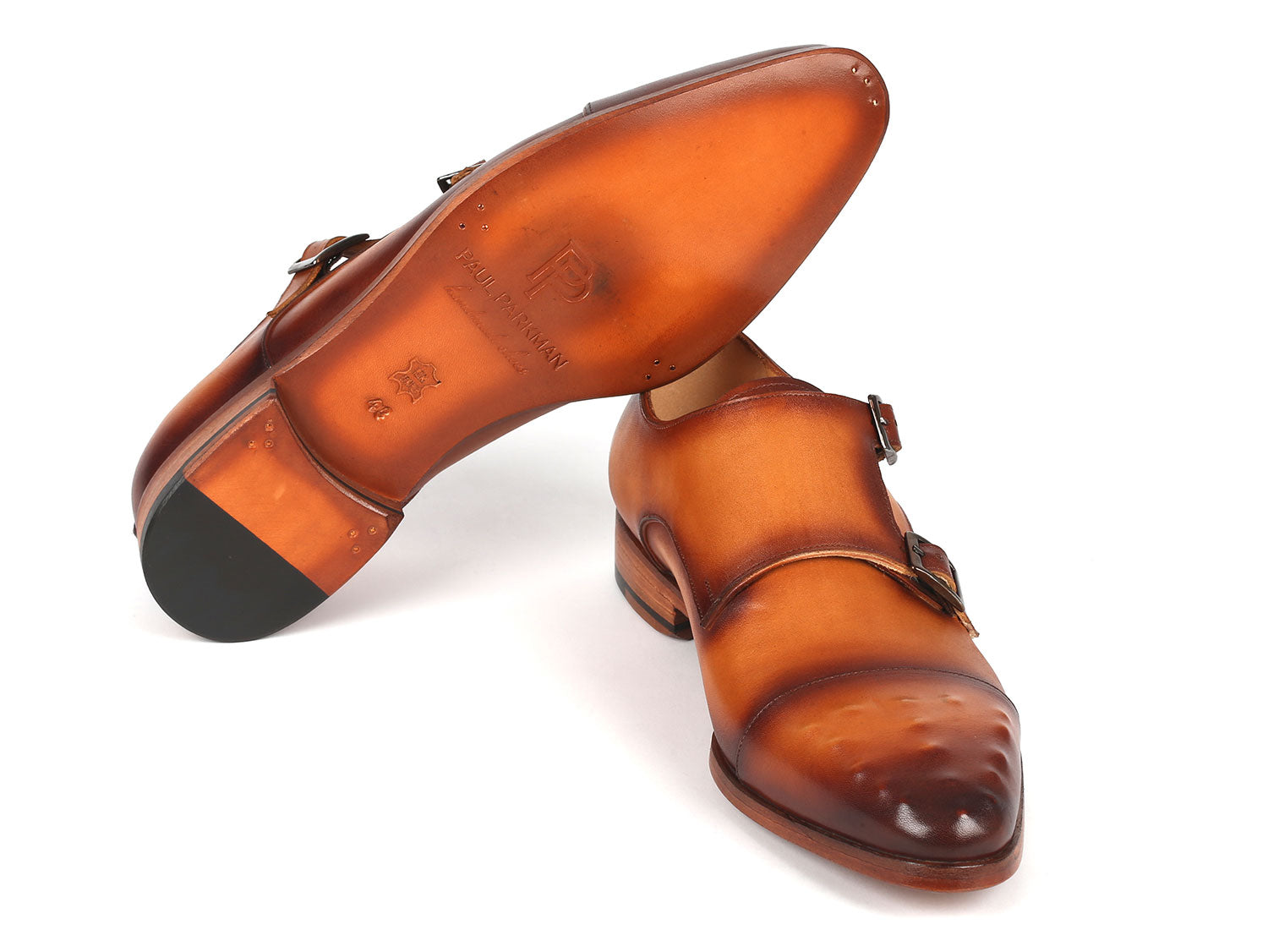 Paul Parkman Men's Studded Cap Toe Monkstraps in light brown, showcasing hand-painted leather and studded design.