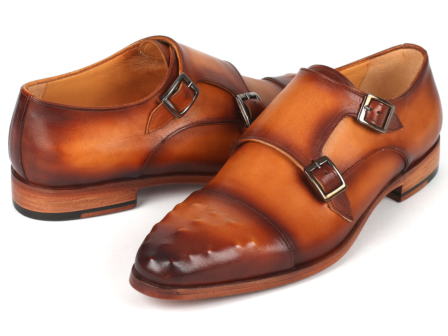 Paul Parkman Men's Studded Cap Toe Monkstraps in light brown, showcasing hand-painted leather and studded design.