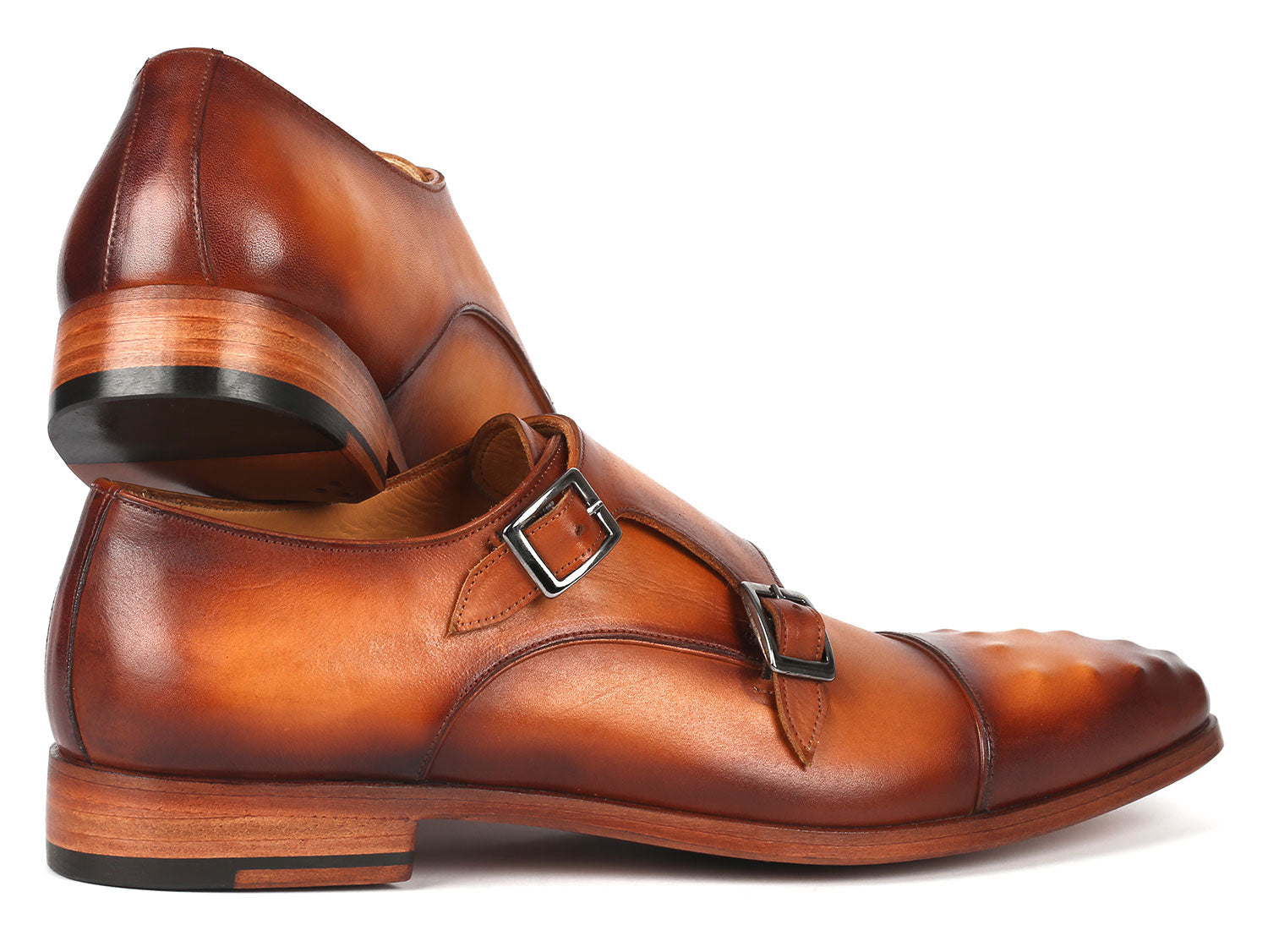 Paul Parkman Men's Studded Cap Toe Monkstraps in light brown, showcasing hand-painted leather and studded design.