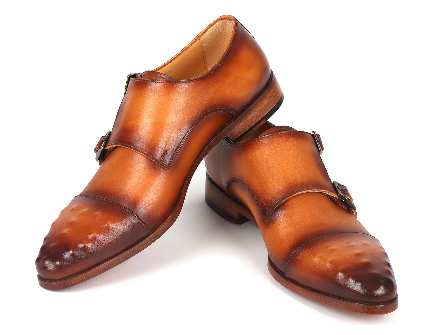 Paul Parkman Men's Studded Cap Toe Monkstraps in light brown, showcasing hand-painted leather and studded design.