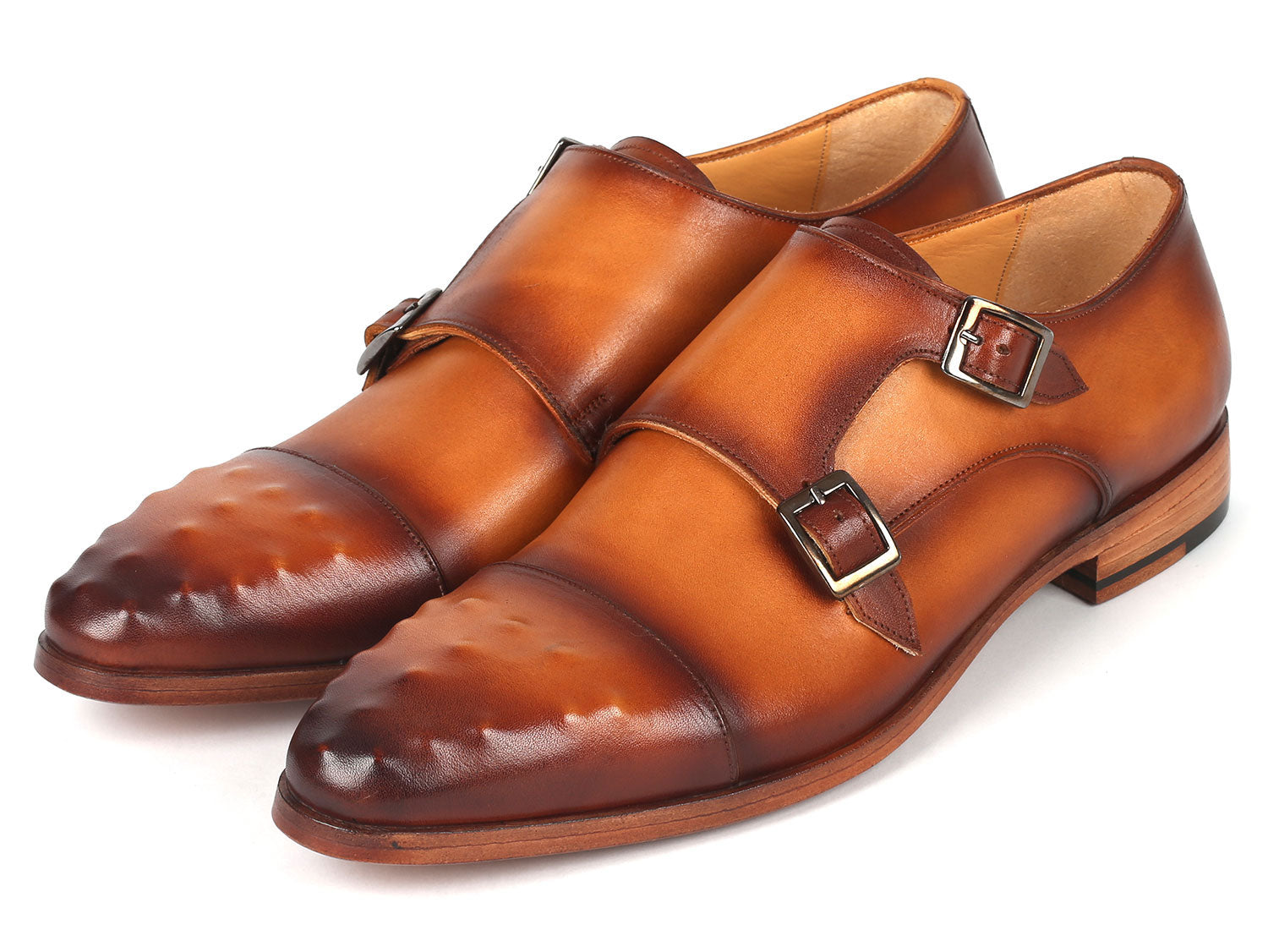 Paul Parkman Men's Studded Cap Toe Monkstraps in light brown, showcasing hand-painted leather and studded design.