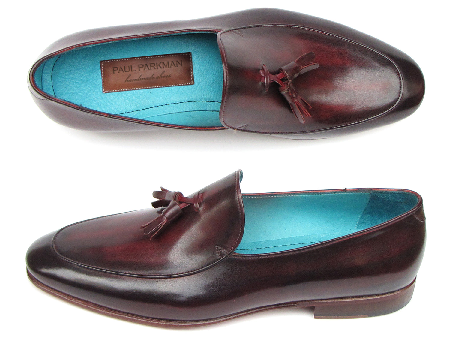 Paul Parkman Men's Tassel Loafer in black and purple, featuring hand-painted leather upper and turquoise lining.