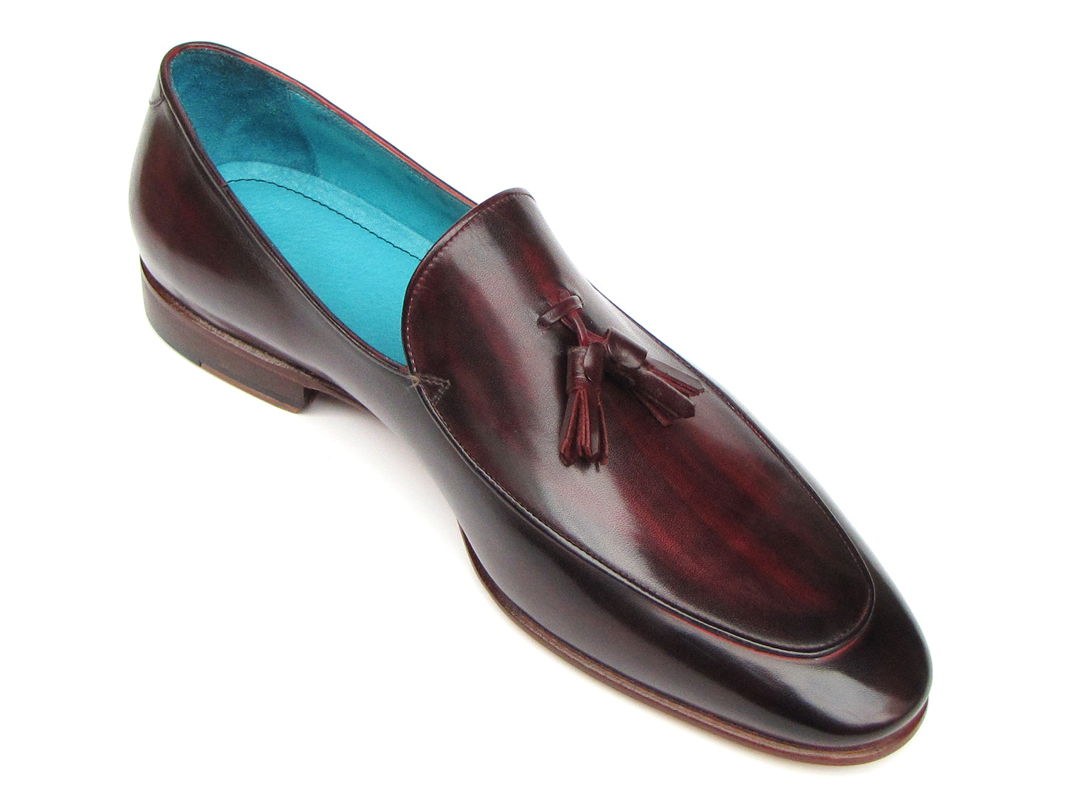 Paul Parkman Men's Tassel Loafer in black and purple, featuring hand-painted leather upper and turquoise lining.