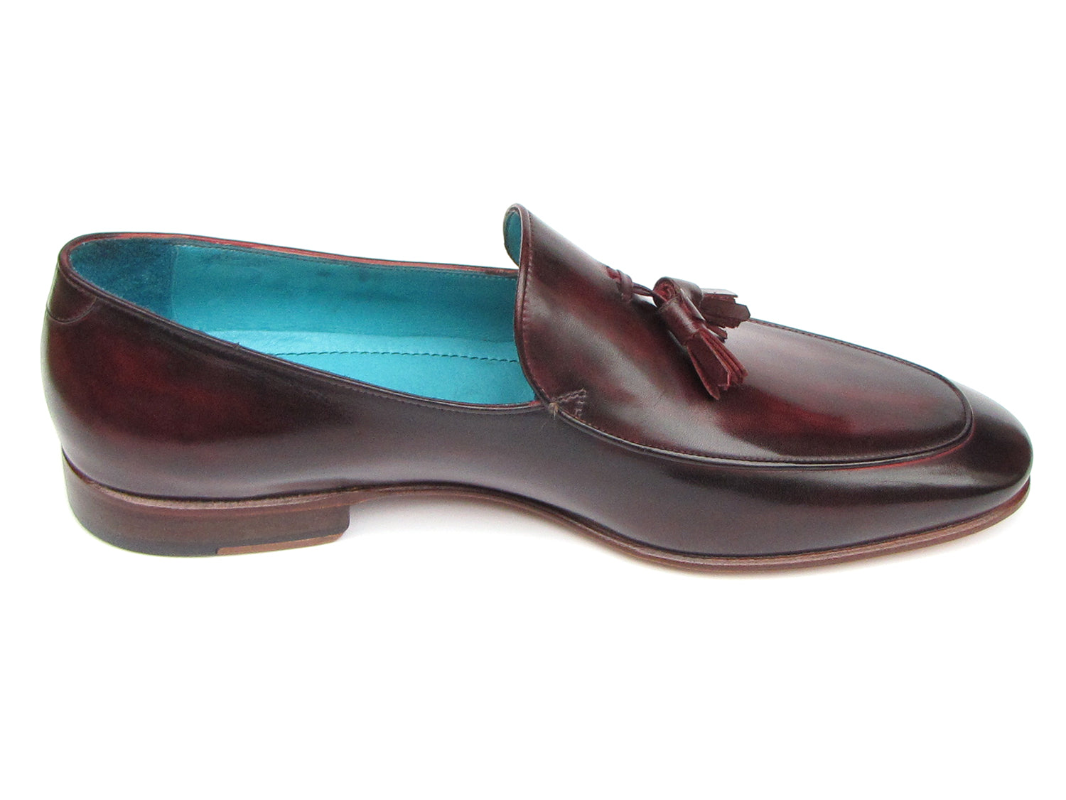 Paul Parkman Men's Tassel Loafer in black and purple, featuring hand-painted leather upper and turquoise lining.