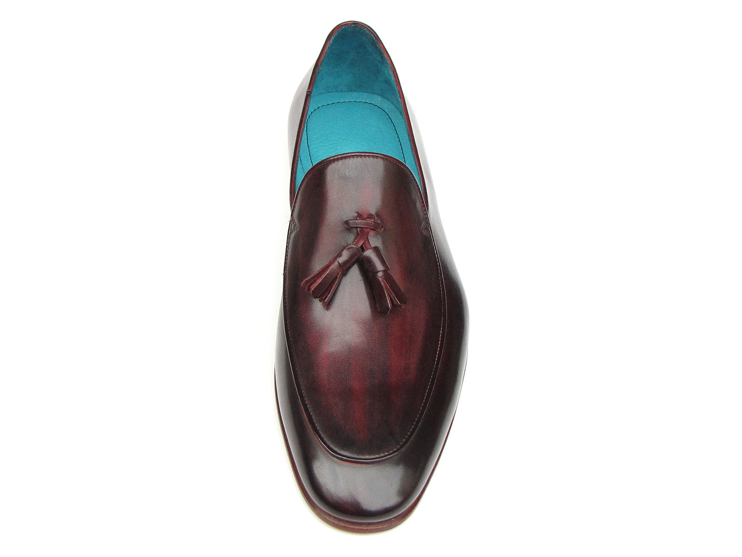 Paul Parkman Men's Tassel Loafer in black and purple, featuring hand-painted leather upper and turquoise lining.