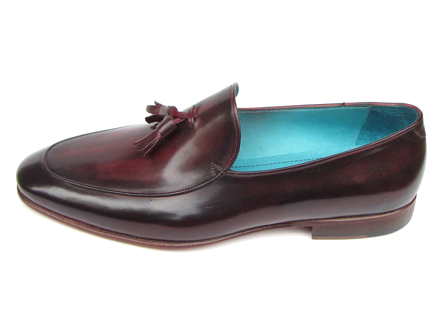 Paul Parkman Men's Tassel Loafer in black and purple, featuring hand-painted leather upper and turquoise lining.