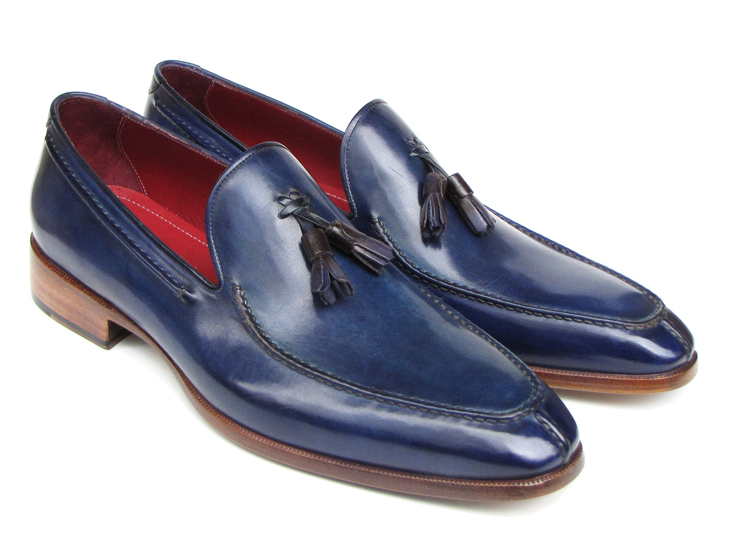 Paul Parkman Men's Tassel Loafer in blue hand-painted leather with red lining, showcasing elegant tassel detail.