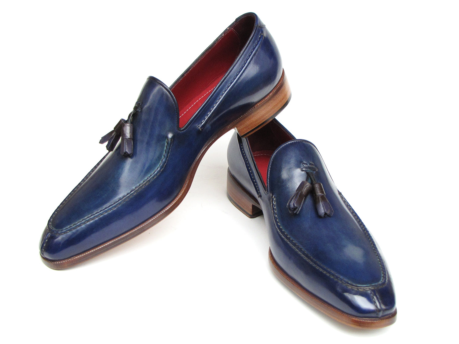 Paul Parkman Men's Tassel Loafer in blue hand-painted leather with red lining, showcasing elegant tassel detail.