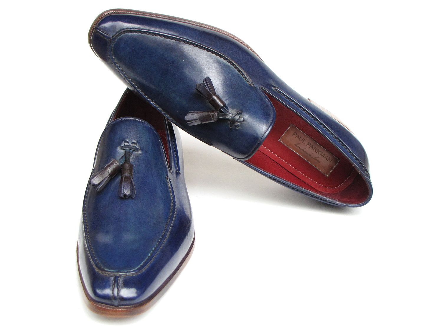 Paul Parkman Men's Tassel Loafer in blue hand-painted leather with red lining, showcasing elegant tassel detail.