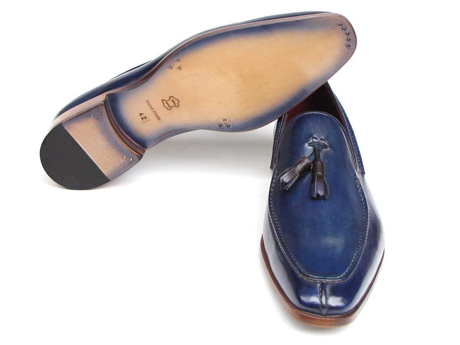 Paul Parkman Men's Tassel Loafer in blue hand-painted leather with red lining, showcasing elegant tassel detail.