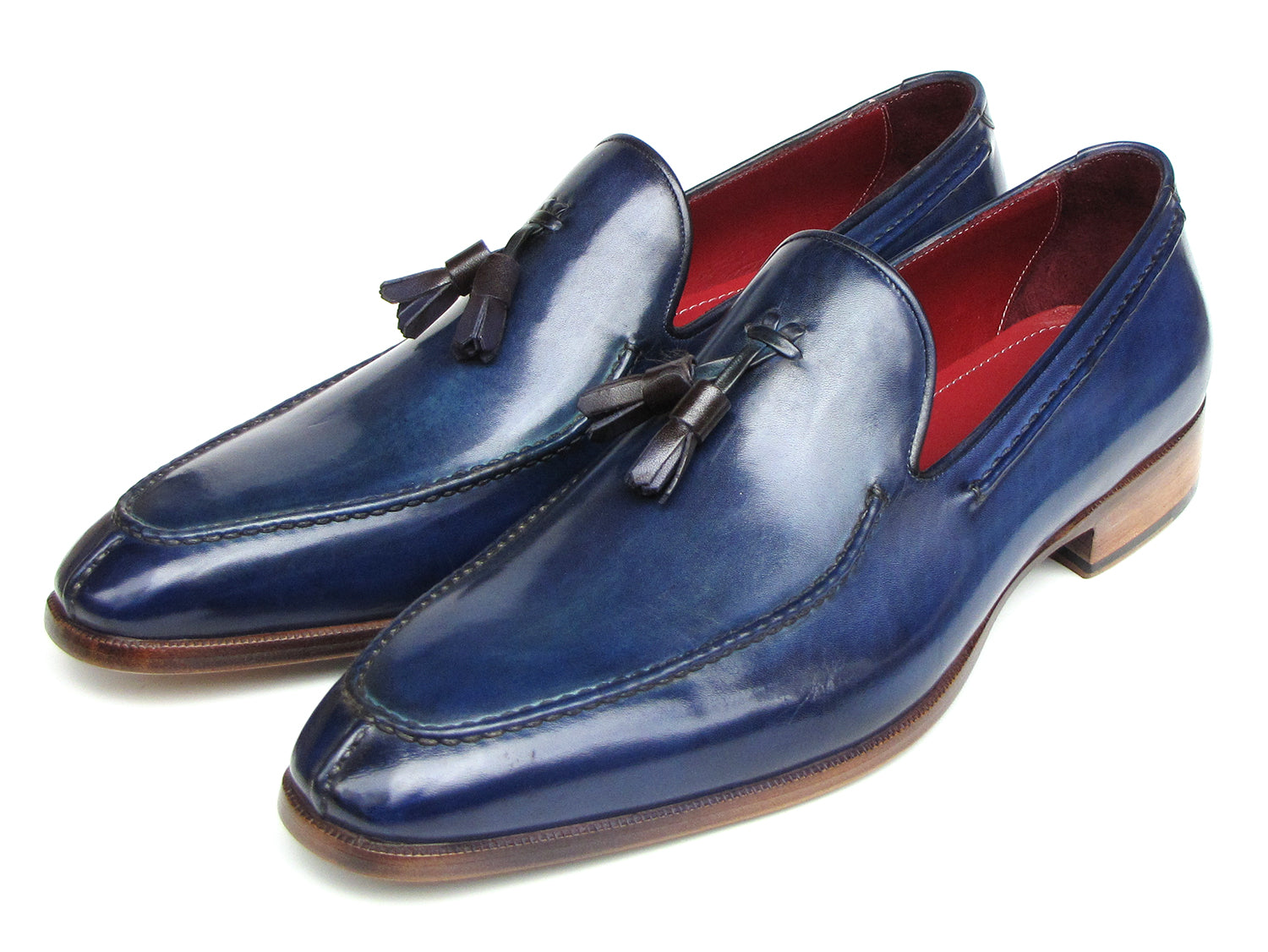 Paul Parkman Men's Tassel Loafer in blue hand-painted leather with red lining, showcasing elegant tassel detail.