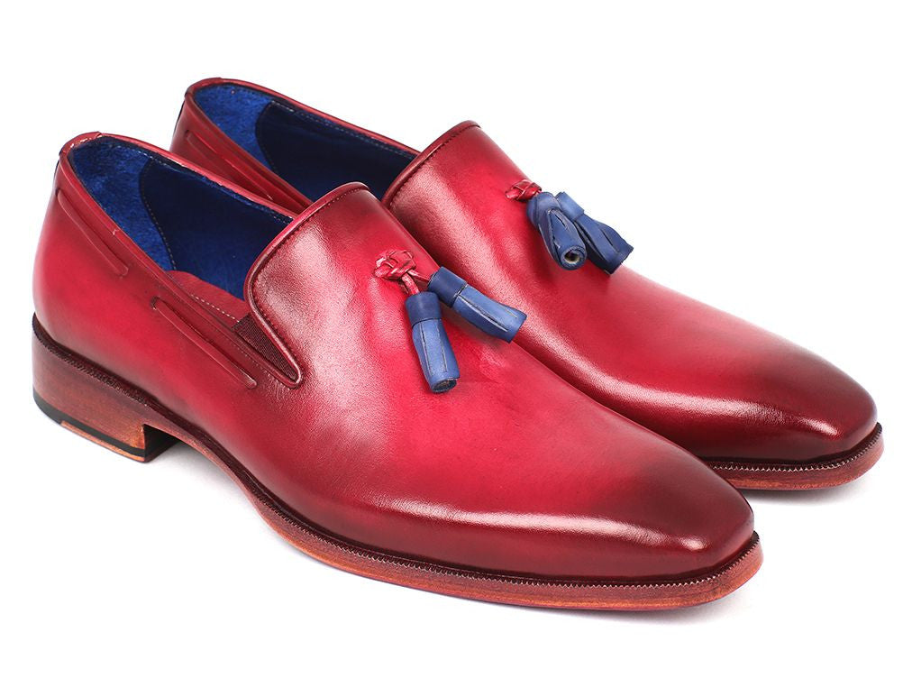 Paul Parkman Men's Burgundy Tassel Loafer featuring Italian calfskin upper, blue leather tassels, and pink finished leather sole.