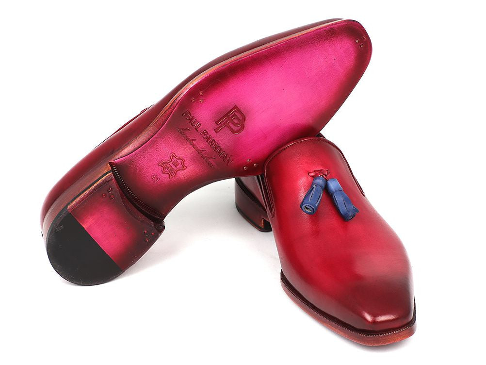 Paul Parkman Men's Burgundy Tassel Loafer featuring Italian calfskin upper, blue leather tassels, and pink finished leather sole.