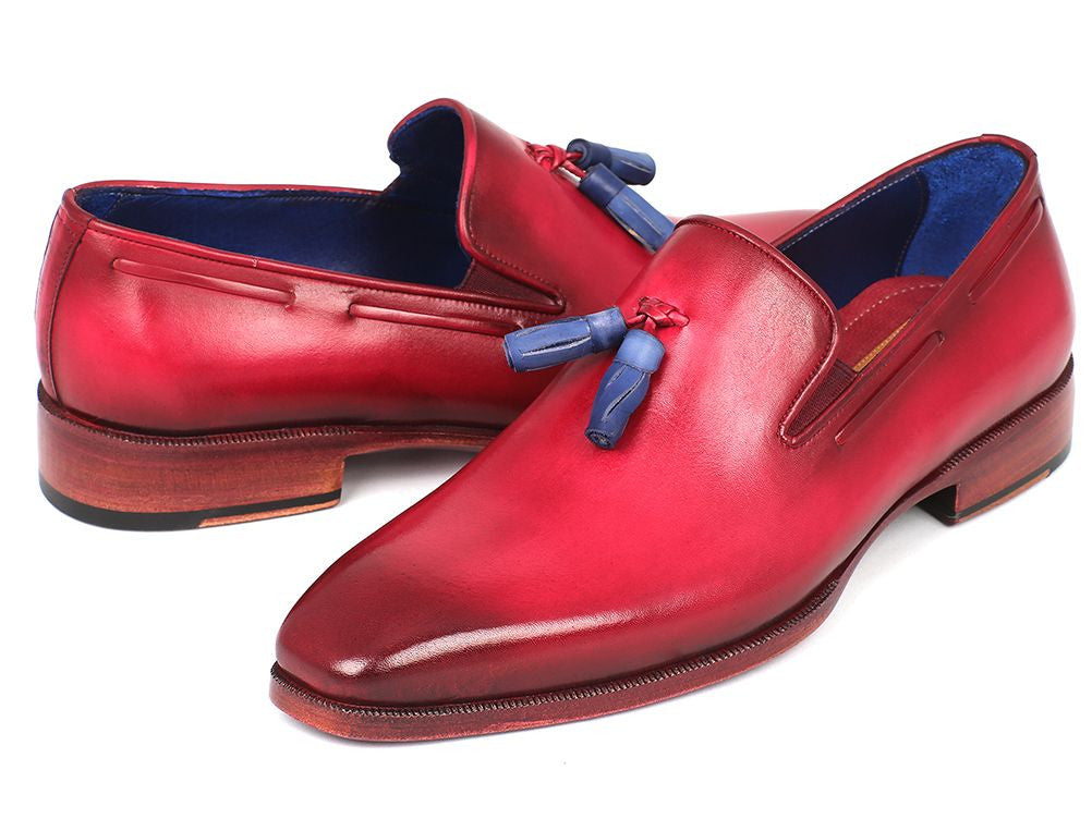 Paul Parkman Men's Burgundy Tassel Loafer featuring Italian calfskin upper, blue leather tassels, and pink finished leather sole.