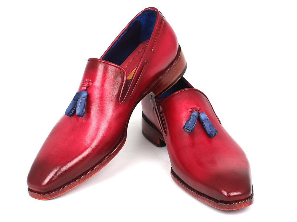 Paul Parkman Men's Burgundy Tassel Loafer featuring Italian calfskin upper, blue leather tassels, and pink finished leather sole.