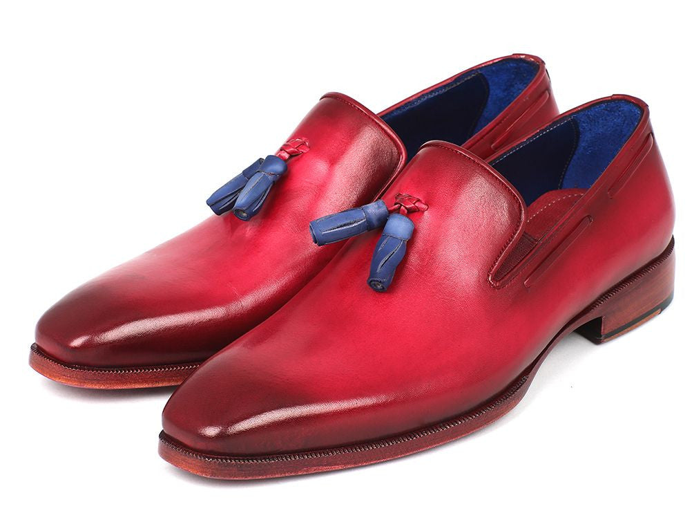 Paul Parkman Men's Burgundy Tassel Loafer featuring Italian calfskin upper, blue leather tassels, and pink finished leather sole.