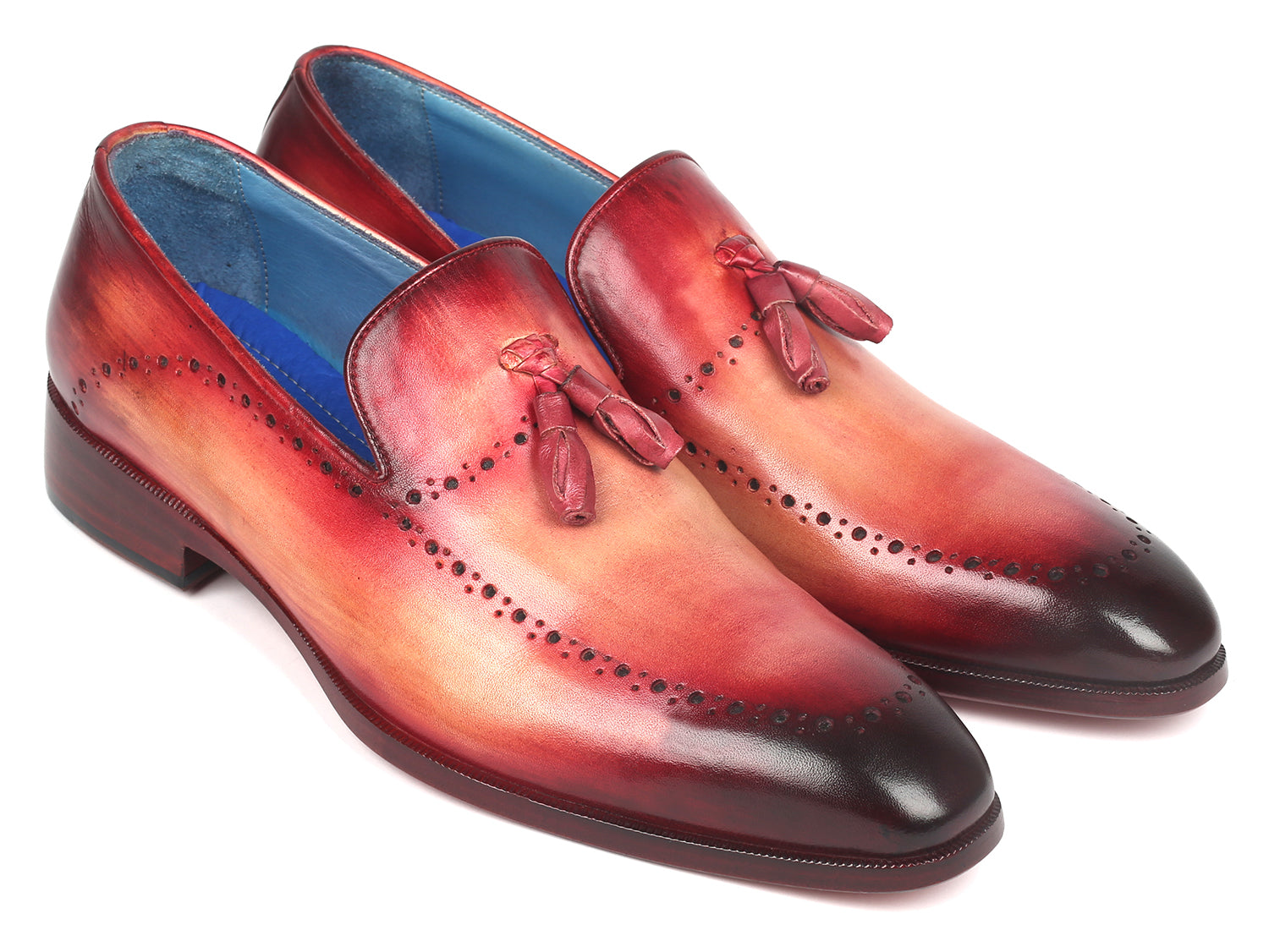 Paul Parkman Men's Burgundy Tassel Loafer showcasing hand-painted leather with perforated design and blue leather lining.