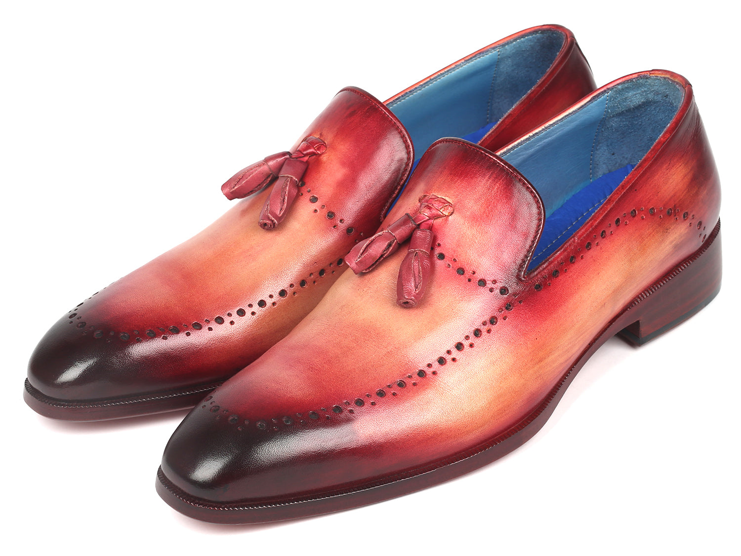 Paul Parkman Men's Burgundy Tassel Loafer showcasing hand-painted leather with perforated design and blue leather lining.