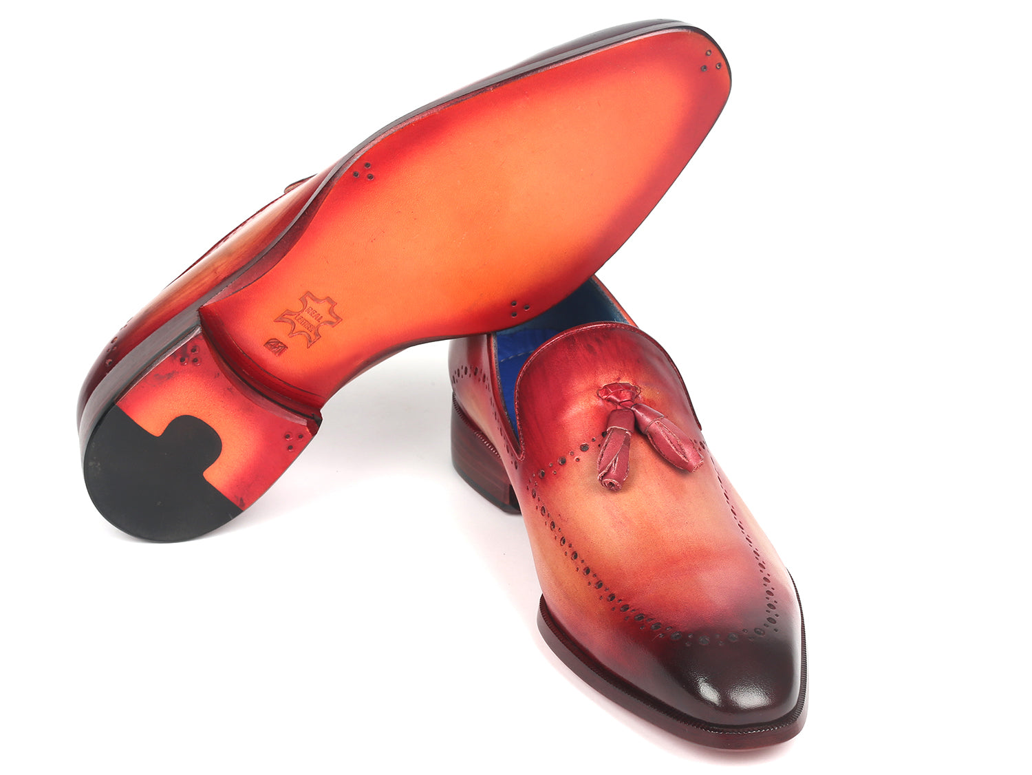 Paul Parkman Men's Burgundy Tassel Loafer showcasing hand-painted leather with perforated design and blue leather lining.