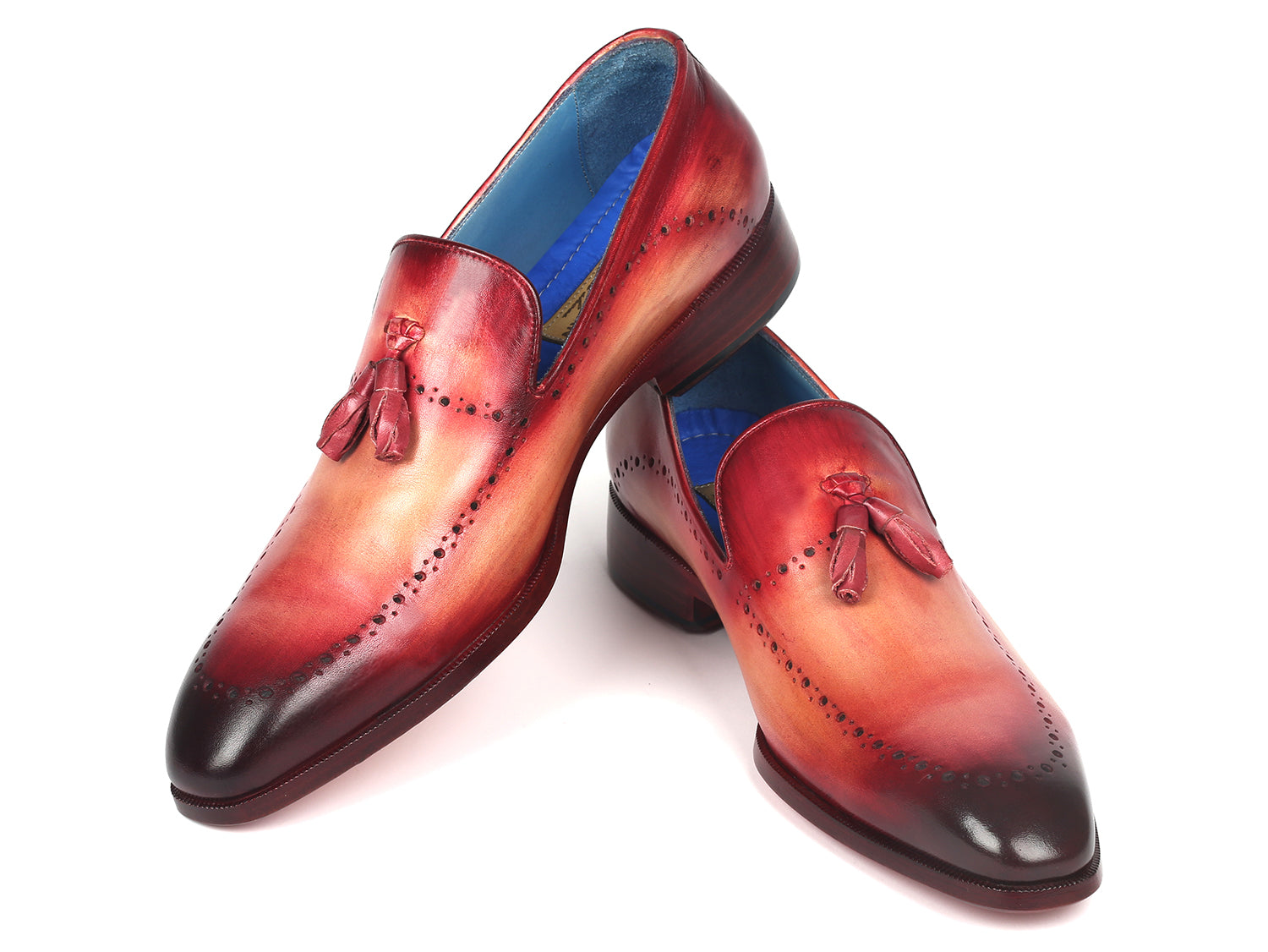 Paul Parkman Men's Burgundy Tassel Loafer showcasing hand-painted leather with perforated design and blue leather lining.