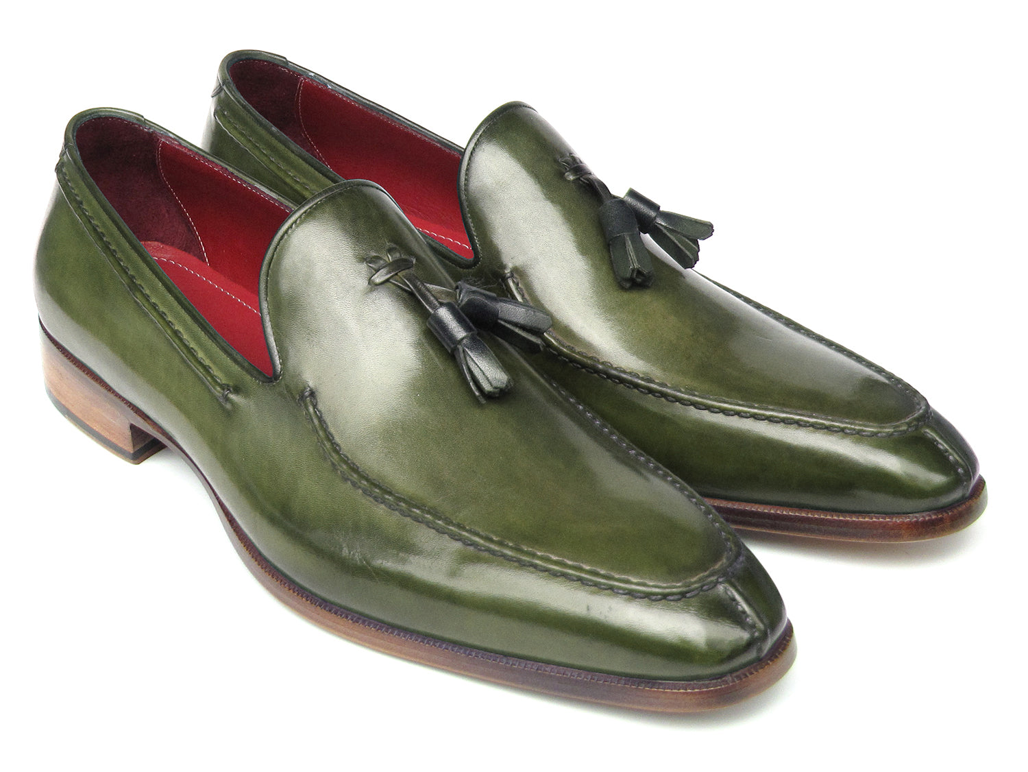 Paul Parkman Men's Tassel Loafer in green hand-painted leather with tassels and natural leather sole, showcasing unique craftsmanship.