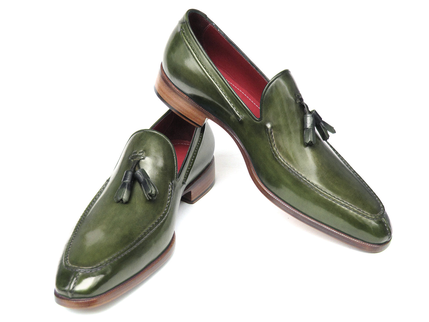 Paul Parkman Men's Tassel Loafer in green hand-painted leather with tassels and natural leather sole, showcasing unique craftsmanship.