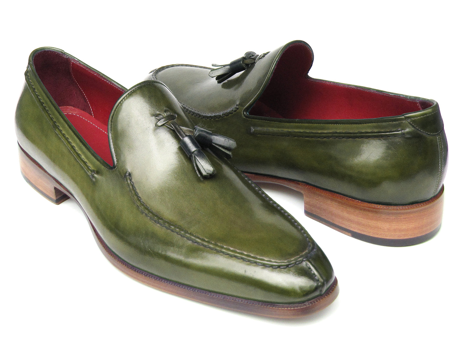 Paul Parkman Men's Tassel Loafer in green hand-painted leather with tassels and natural leather sole, showcasing unique craftsmanship.