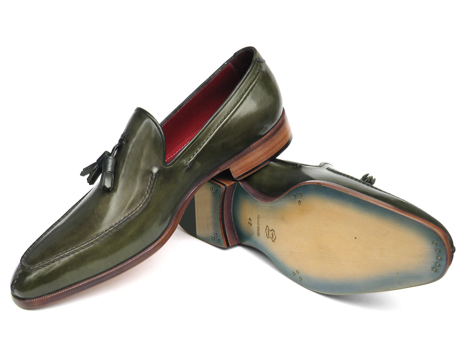 Paul Parkman Men's Tassel Loafer in green hand-painted leather with tassels and natural leather sole, showcasing unique craftsmanship.