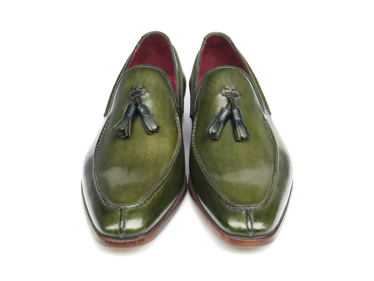 Paul Parkman Men's Tassel Loafer in green hand-painted leather with tassels and natural leather sole, showcasing unique craftsmanship.