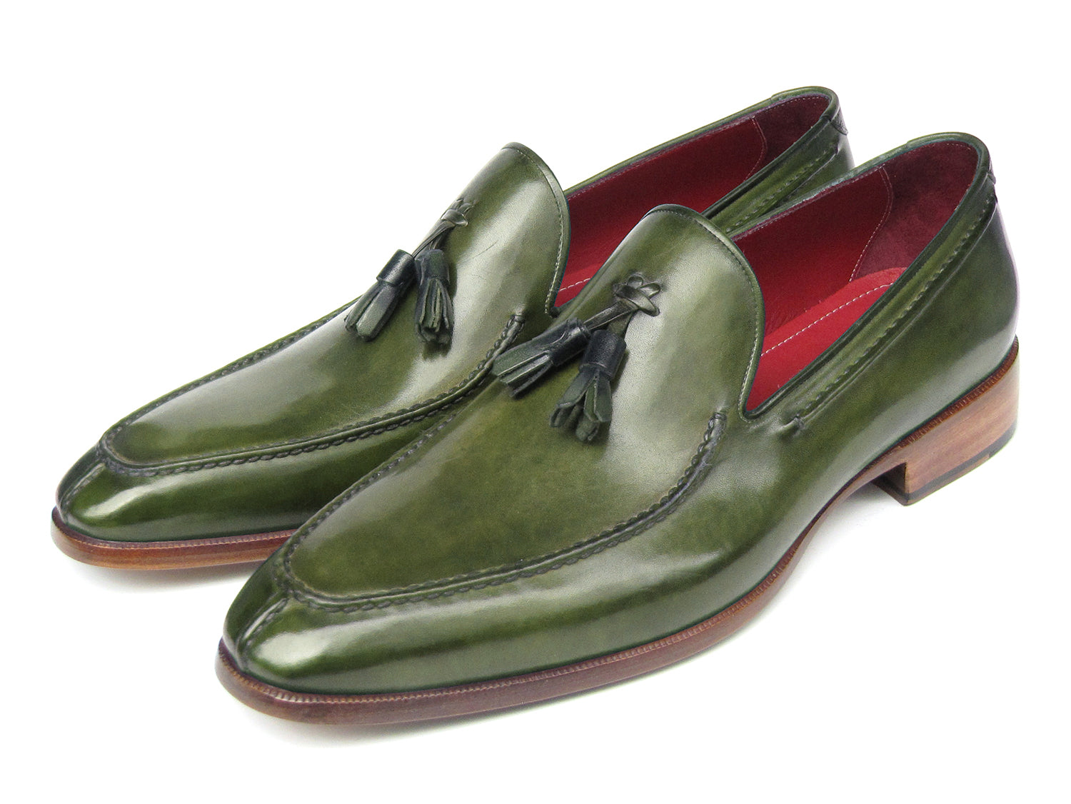 Paul Parkman Men's Tassel Loafer in green hand-painted leather with tassels and natural leather sole, showcasing unique craftsmanship.