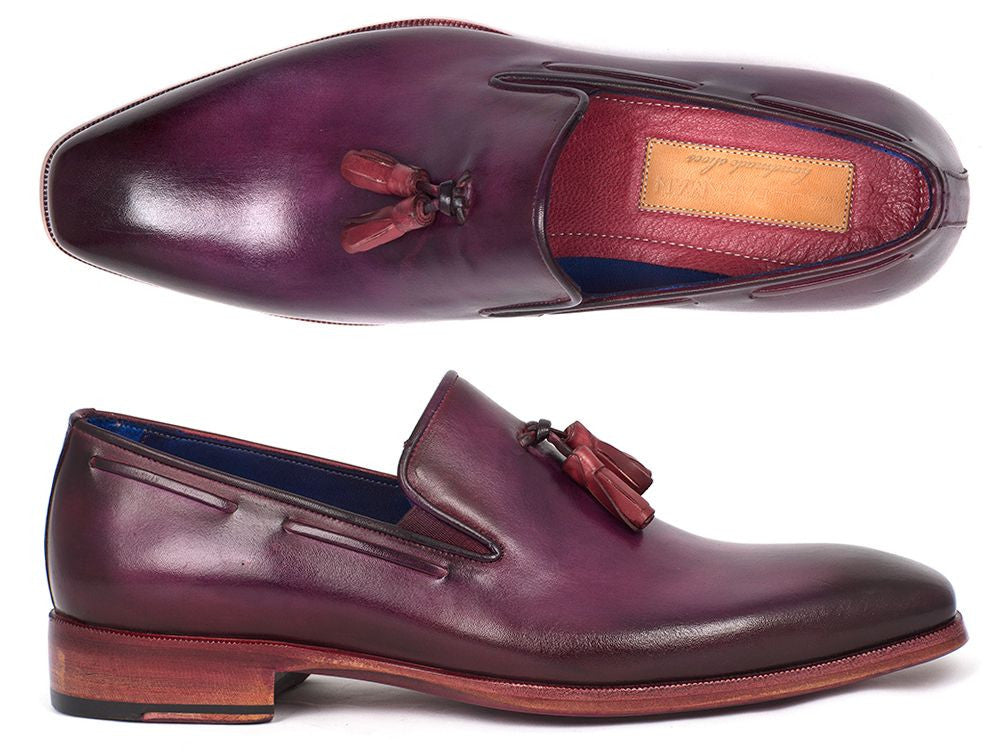 Paul Parkman Men's Purple Tassel Loafer made from hand-painted Italian calfskin with pink leather sole and blue lining.