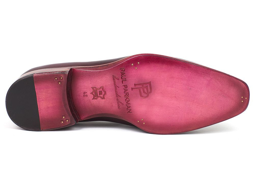 Paul Parkman Men's Purple Tassel Loafer made from hand-painted Italian calfskin with pink leather sole and blue lining.