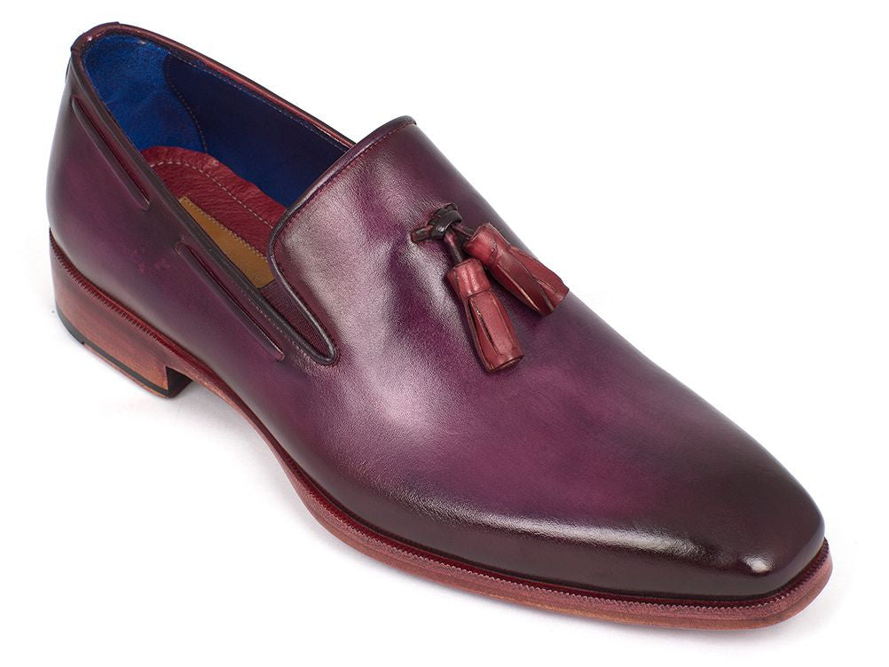 Paul Parkman Men's Purple Tassel Loafer made from hand-painted Italian calfskin with pink leather sole and blue lining.