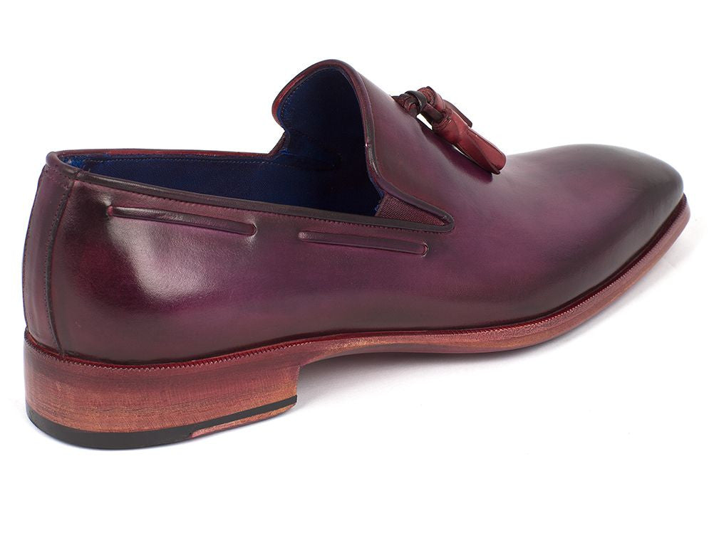 Paul Parkman Men's Purple Tassel Loafer made from hand-painted Italian calfskin with pink leather sole and blue lining.