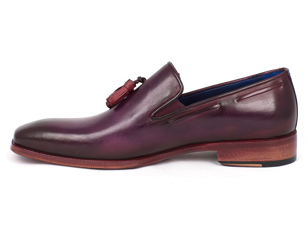 Paul Parkman Men's Purple Tassel Loafer made from hand-painted Italian calfskin with pink leather sole and blue lining.