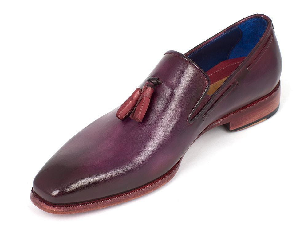 Paul Parkman Men's Purple Tassel Loafer made from hand-painted Italian calfskin with pink leather sole and blue lining.